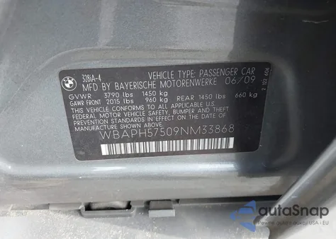 2009 BMW 328I из США, поврежденный, VIN WBAPH57509NM33868